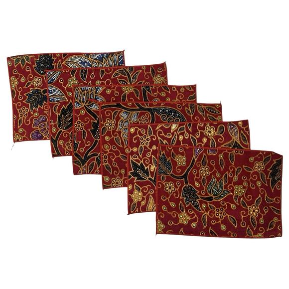 Vintage Placemats Coasters Napkins Set 6 Straw Back Batik Fabric Tiki Bar Patio - Picture 5 of 10